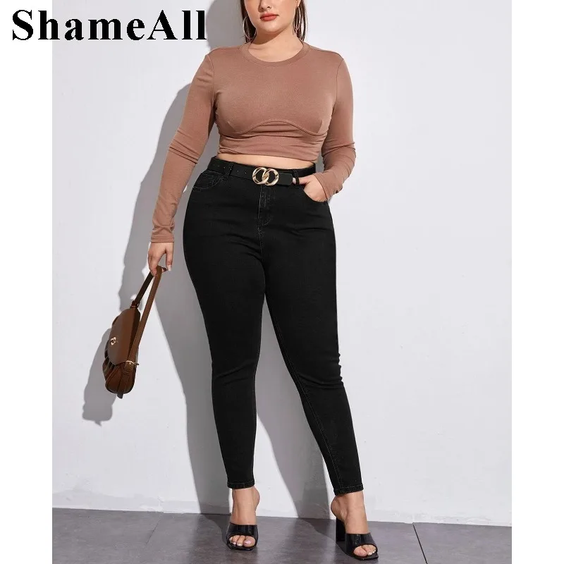 Women's Plus Size Black Stretch  Classic Denim Skinny Pants， High WaistStretch Denimrousers Penci Jeans Pants