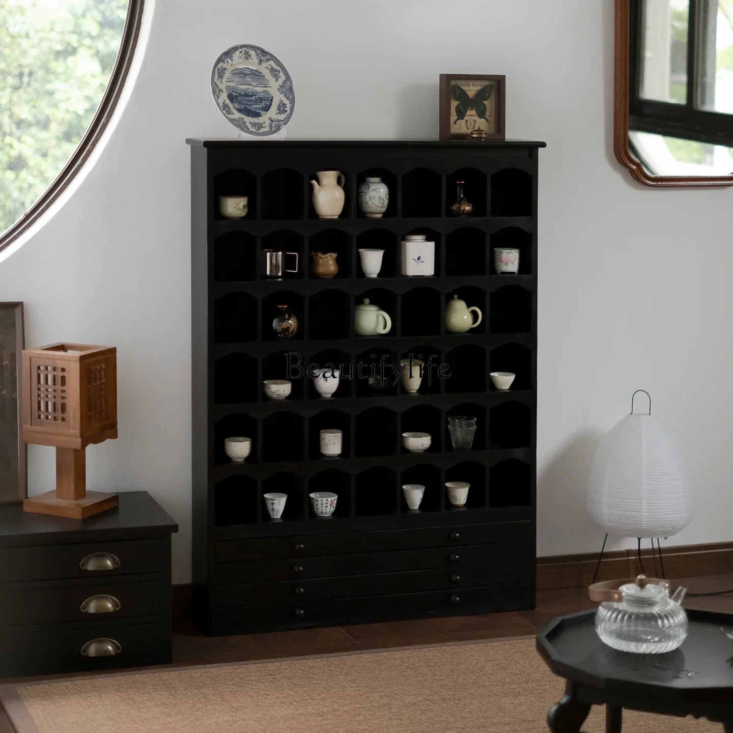 

88. Grid Rack Cup Holder Tea Room Storage Floor-standing Multi-functional Simple Solid Wood Vintage Ornament Organizer