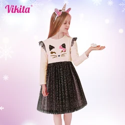 VIKITA Girls Dress Flying Sleeve Children Party Dress Kids Leopard Girls Gauze Skirt Dress Ball Gowns Kids Clothing 3-8 Years