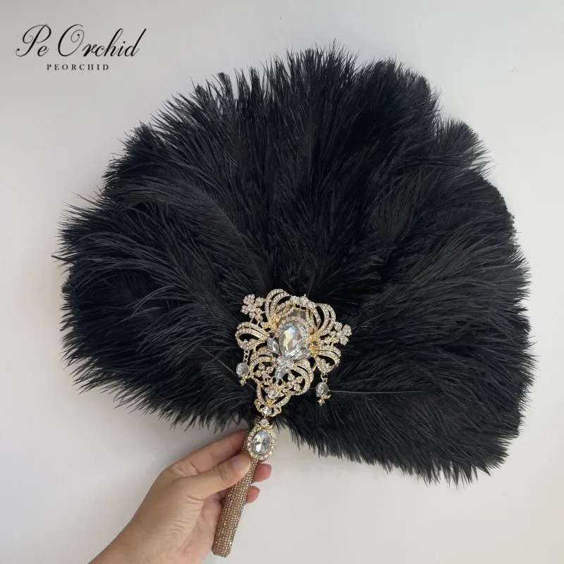 

PEORCHID Customized Black Wedding Feather Fan Brooch Bouquet Gatsby 1920s Bridal Fan Gift Graduation Bouquet Ramo Boda Novia