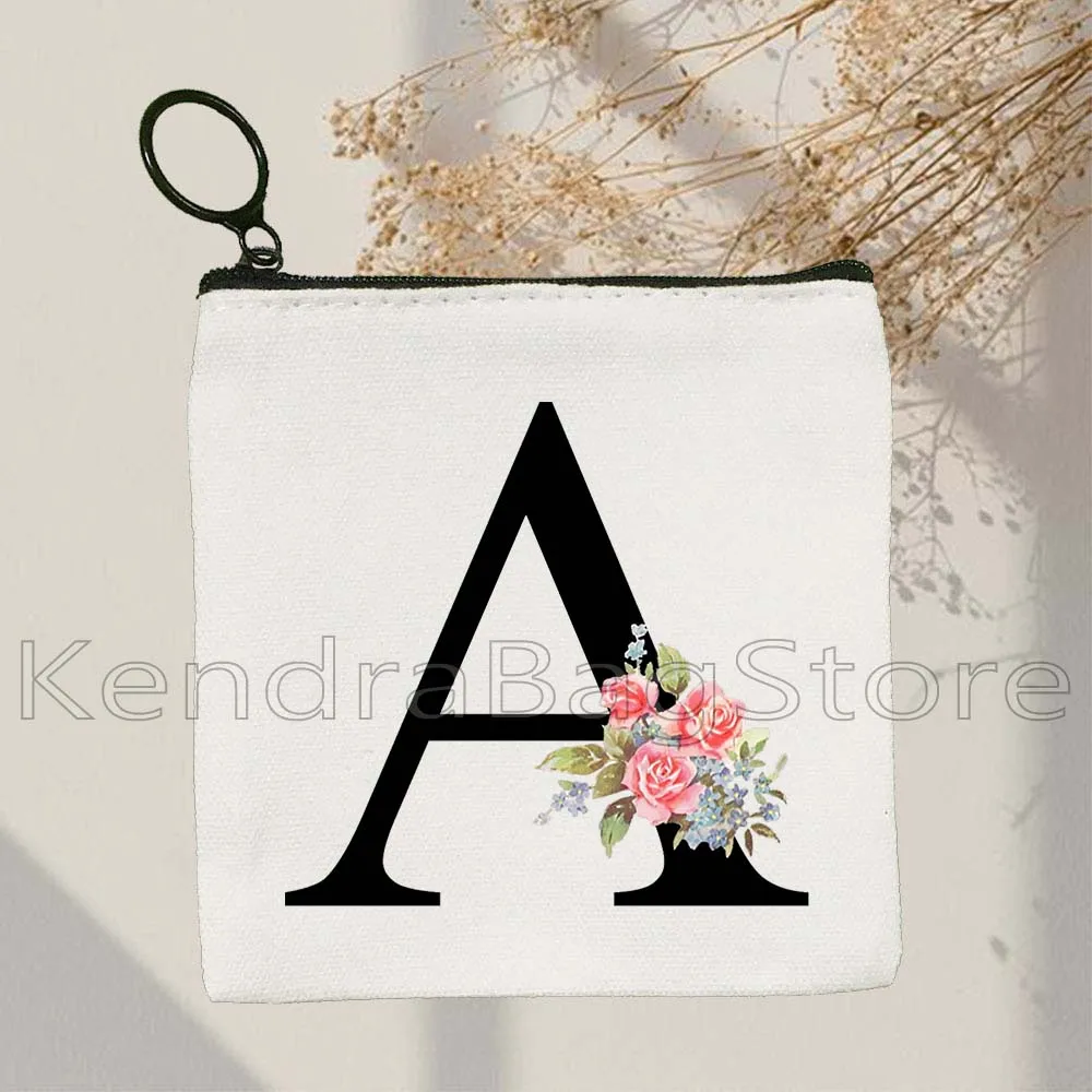 Botanical Monogram Floral Pink Rose Flowers Initial Letter English Alphabet Gifts Canvas Coin Purse Key Case Bag Wallet Pouch