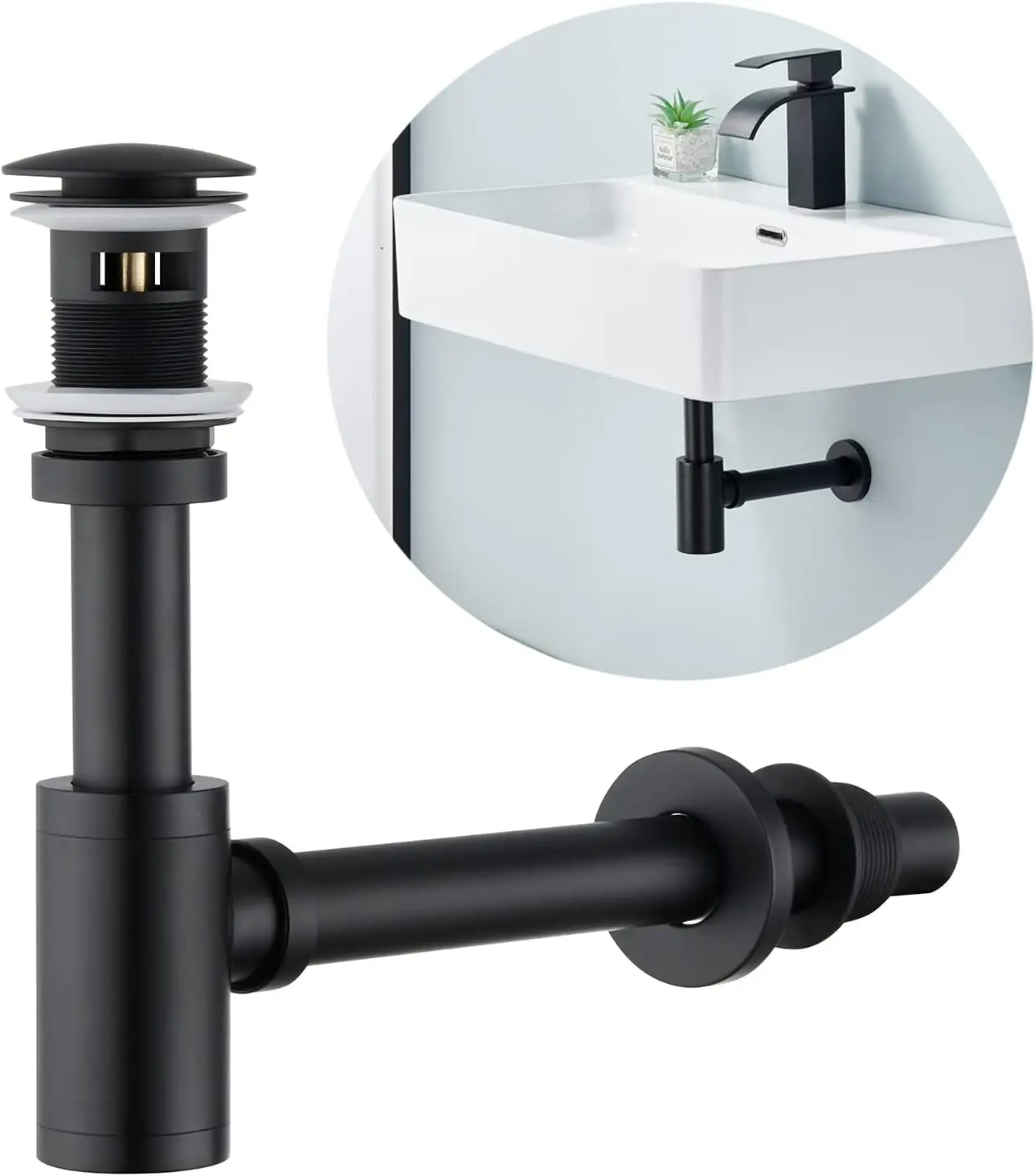 Brass P Trap with Bathroom Sink Stopper : 1-1/4 Sink Drain Round Bottle Trap Set with Overflow - Adjustable Height, Matt