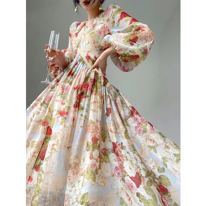 BGTEEVER Elegant V-neck Long Sleeve Floral Printed Dress for Women Slim Waist Female A-line Dress Spring Summer