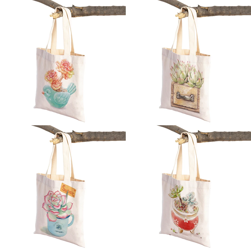 Fashion Cartoon Floral Shopping Shoulder Bag for Women Reusable Nordic Rose Flower Double Sided Print Casual Canvas Tote Handbag