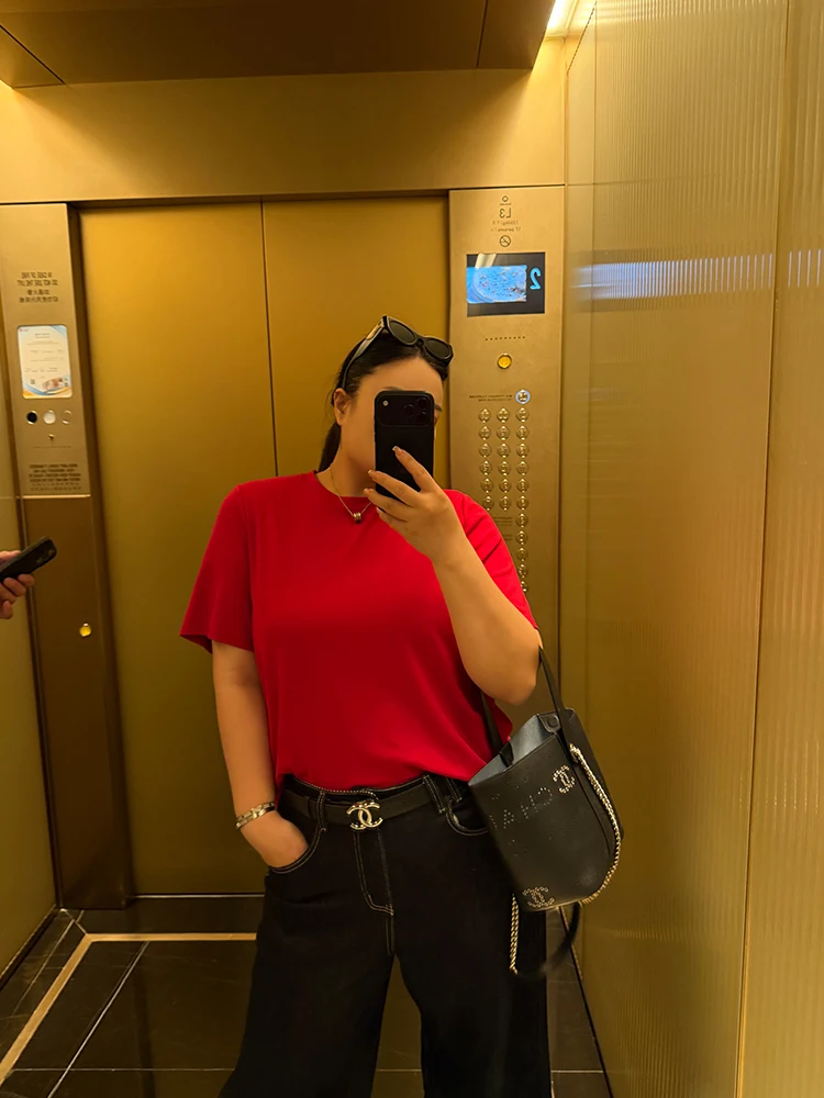 

Large Size Women's T-Shirt Stright Cut Loose Pure Color Attention Grabbing Simple Design Shoulder Width Matching Casual Style