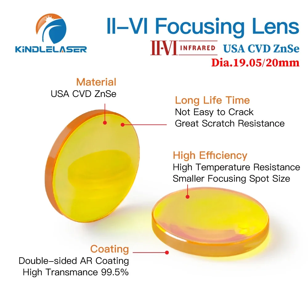 Lente de foco a laser CO2 infravermelhada II-VI Dia.19.05mm 20mm FL 38.1/50.8/63.5/76.2/101.6mm para lentes de máquina de corte a laser CO2 ZnSe