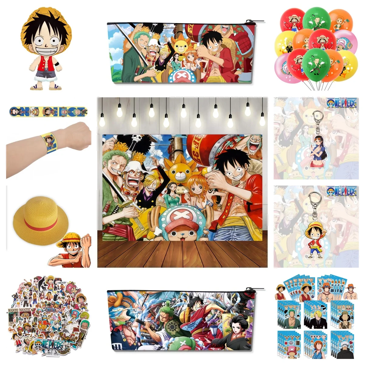 Artículos de One Piece populares: Llavero, Estuche para bolígrafos, Pegatinas de tatuajes impermeables, Póster con estampado artístico, Gorra informal, Globos de fiesta