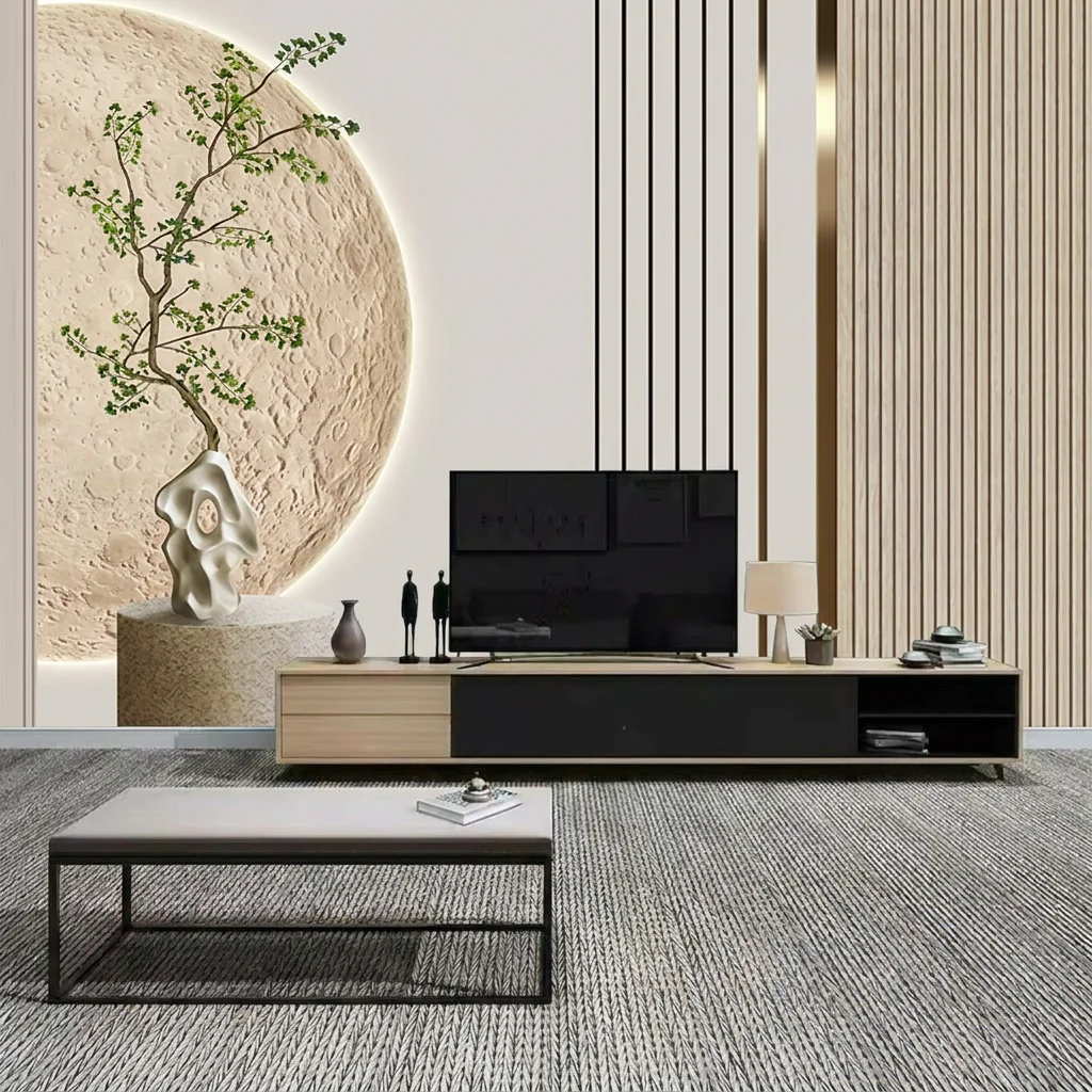 Lunar texture background with Zen greenery, background wall for living room and bedroom, self-adhesive material.