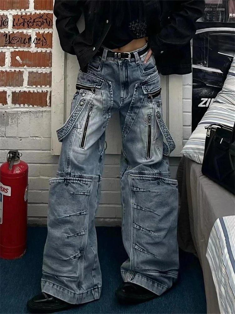 Women's Structural Splicing Vibe Blue Straight Denim Pants Unisex High Waist Jeans Vintage Bottoms Female Wide-leg Trousers