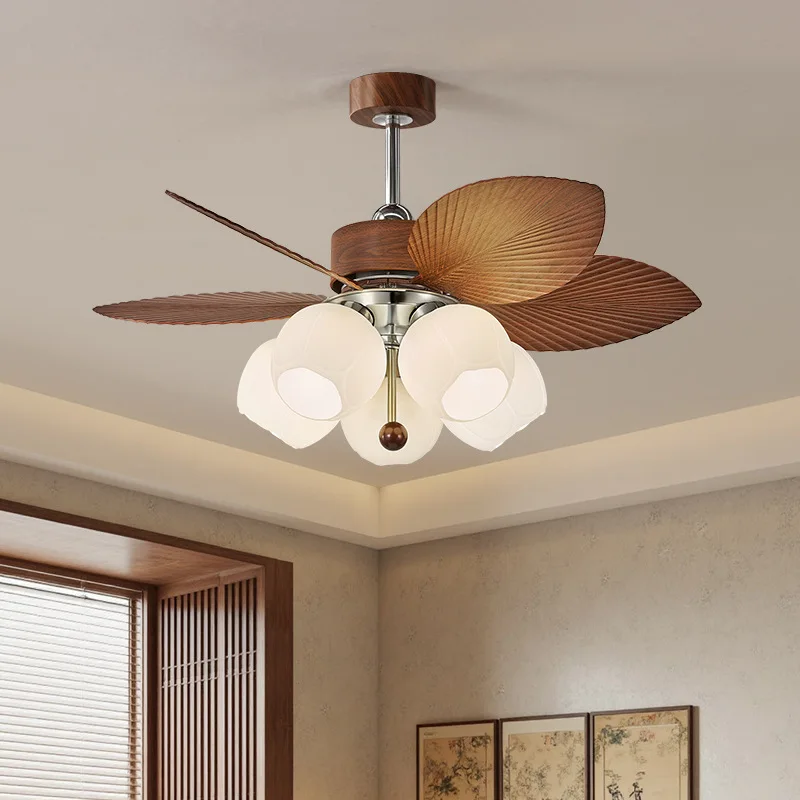 Modern Minimalist Bedroom Ceiling Fan Light, Retro Walnut Finish, Eye-Protective, Study Dining Room, Straight Blade Fan Lamp