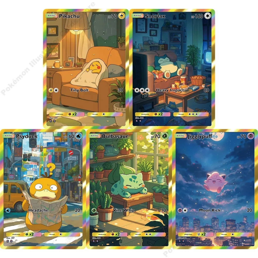 5Pcs PTCG Cards Snorlax Psyduck Bulbasaur Jigglypuff Cute Style PTCG Cards Holo Game Collection Cards Trading PTCG Gift