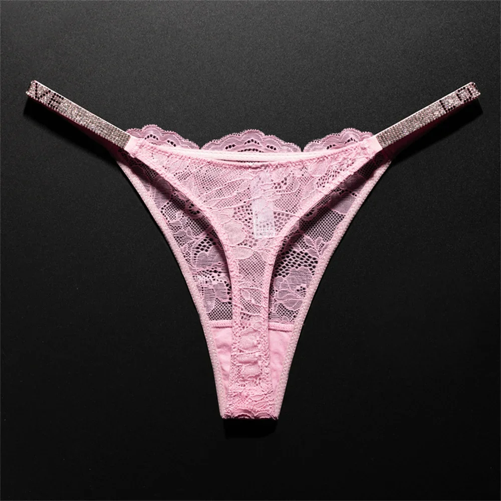 Tangas clásicas de encaje transparente para mujer, bragas de talla grande con diamantes de imitación, ropa interior antibacteriana suave con Tanga para mujer