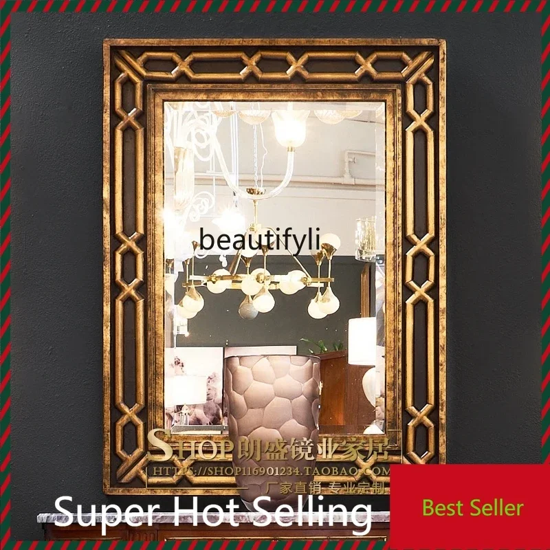 YL  Neoclassical art entrance wall hanging mirror, American living room background wall creative wood carving hanging mirror