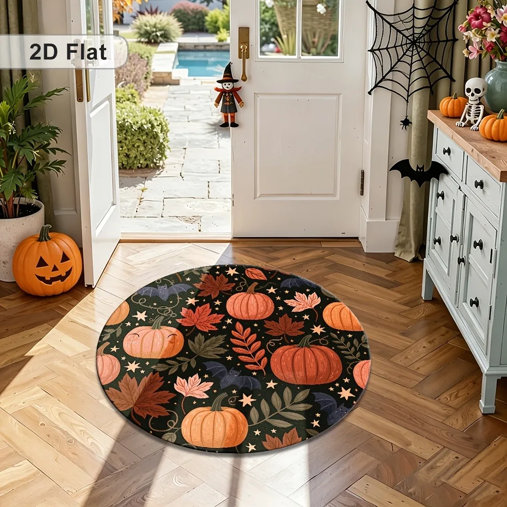 Autumn Halloween Pumpkin Round Rug,Dark Background Maple Leaf Bat Star Fall Harvest Printed Circular Floor Mat,Living Room