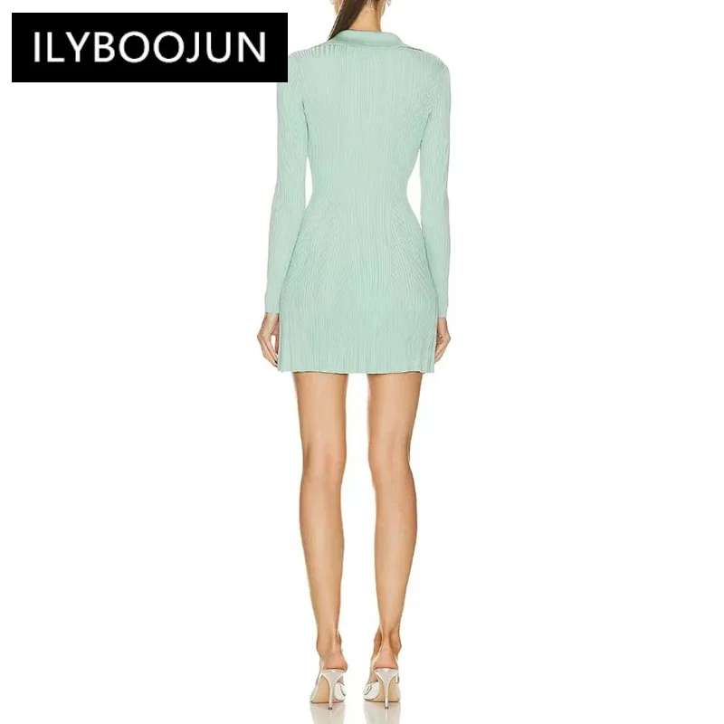 Mint Green Long Sleeve Lapel Knit Womens dresses Fashion Elegant High Waist Stretch Slim A-line Mini Dress 2024 Spring New