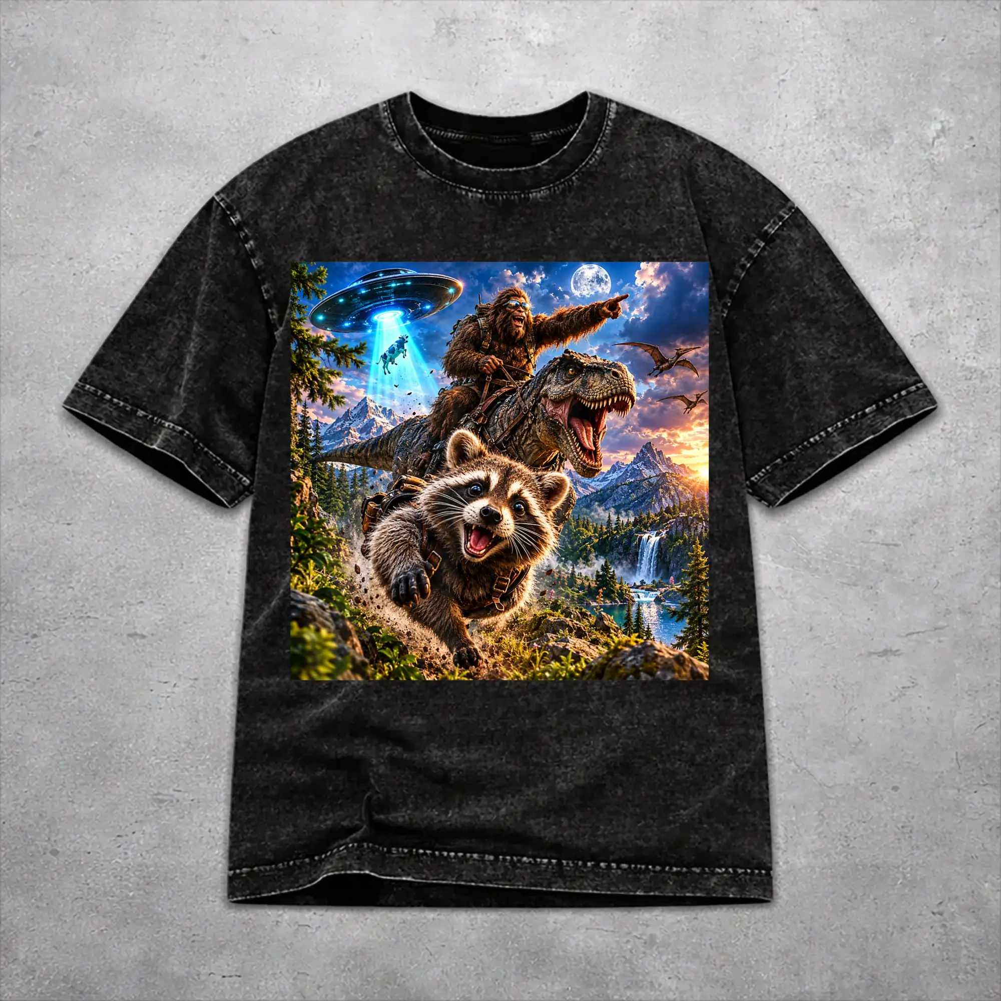 Funny Bigfoot Ride Dinosaur Raccoon Washed T Shirt Retro Harajuku Men Women  Oversize T-Shirts Tee Cotton
