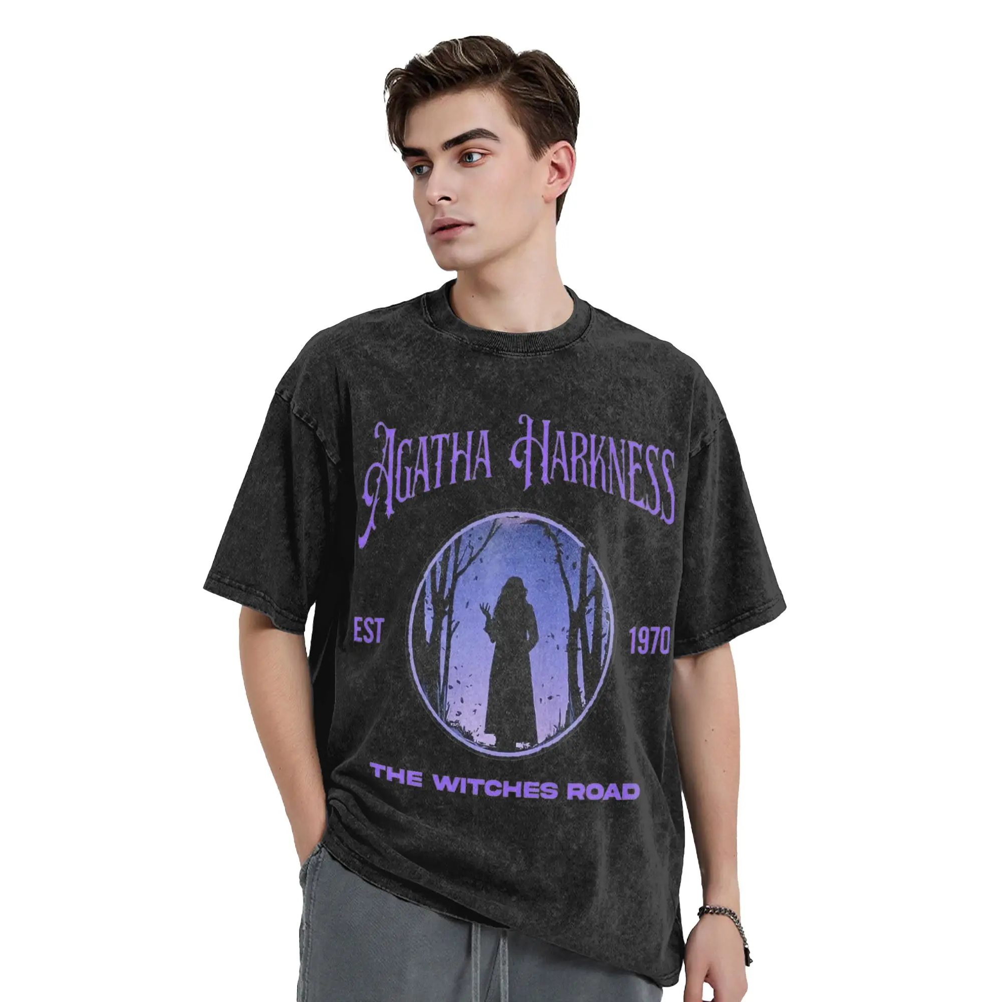 Camisetas lavadas Agatha Harkness The Witches Road, camiseta Vintage Agatha All Along Streetwear, camisetas estampadas de manga corta para hombres y mujeres