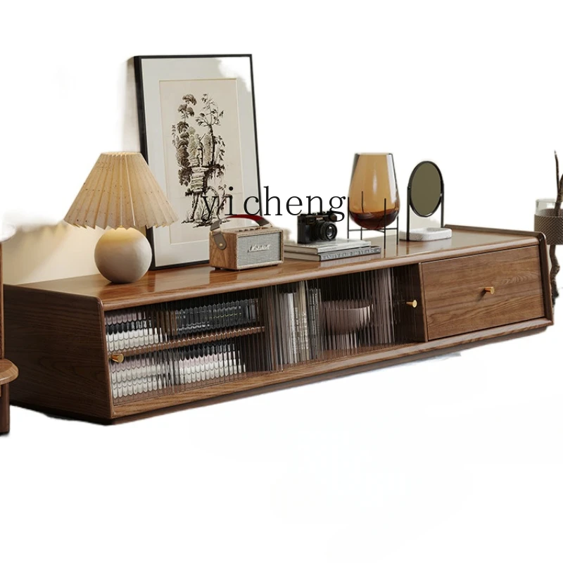 

ZC Solid Wood TV Cabinet Ash Wood Minimalist Japanese Style Living Room Walnut Wood Living Room Combination