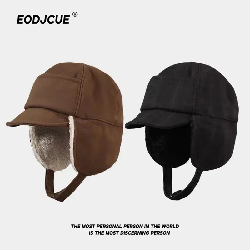 Japanese Vintage Solid Color Flying Caps for Men and Women Autumn and Winter Outdoor Skiing Warm Ear Protection Bomber Hats