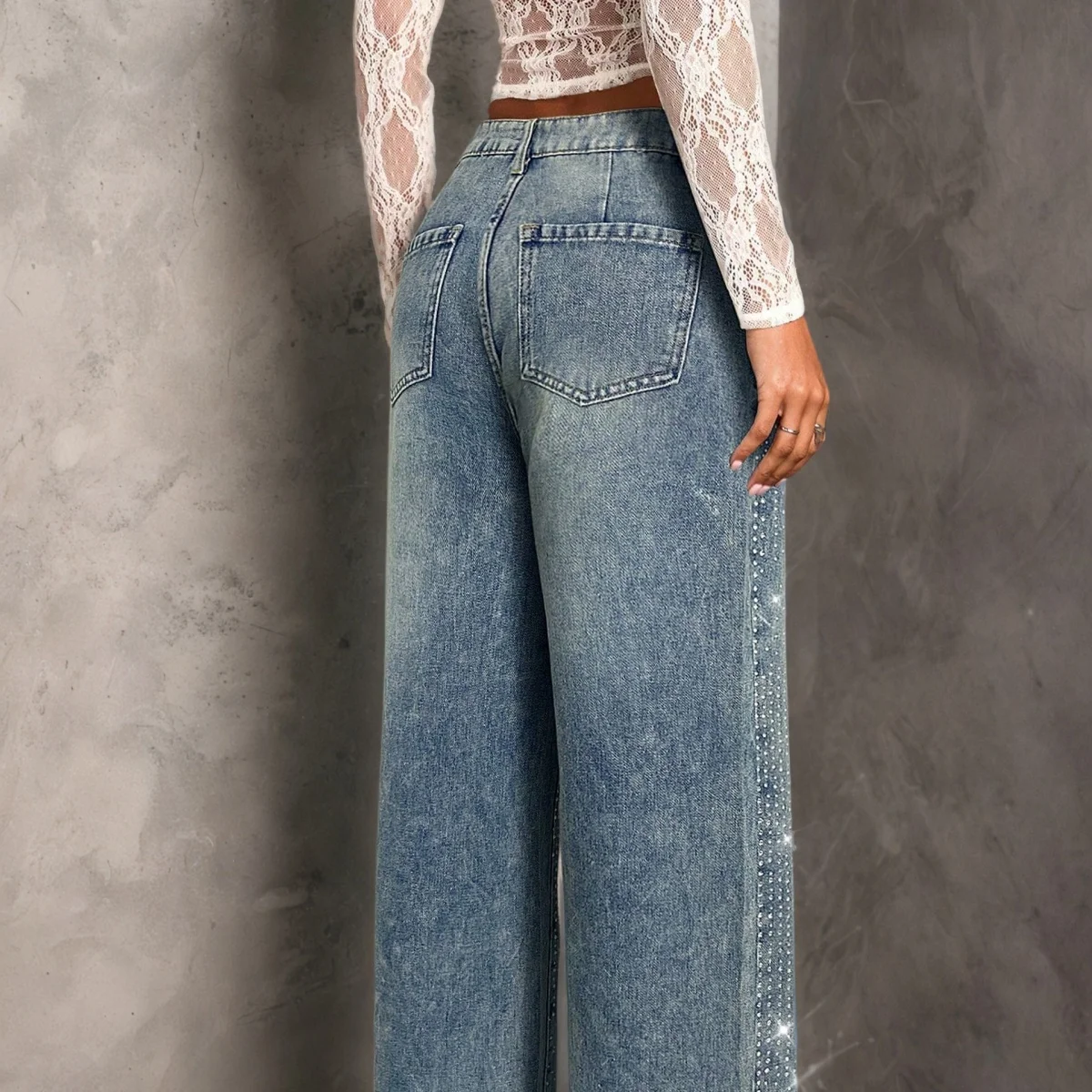 여성용 Y2K 청바지, 장식된 연청색 배기 데님 팬츠, 편안한 스트레치 일자핏 패션 바지