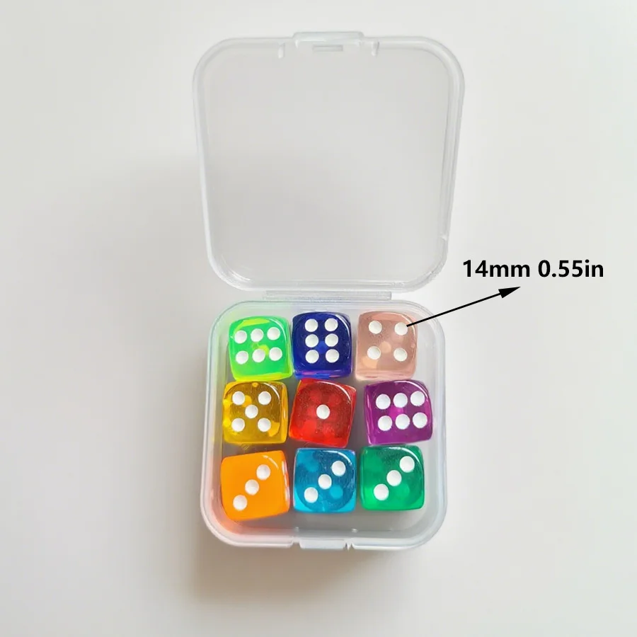 9pcs 14mm Acrylic Color Transparent Dice Boxed - Vibrant Assorted Colors, Perfect for Math Games, Gaming Enthusiasts JXB
