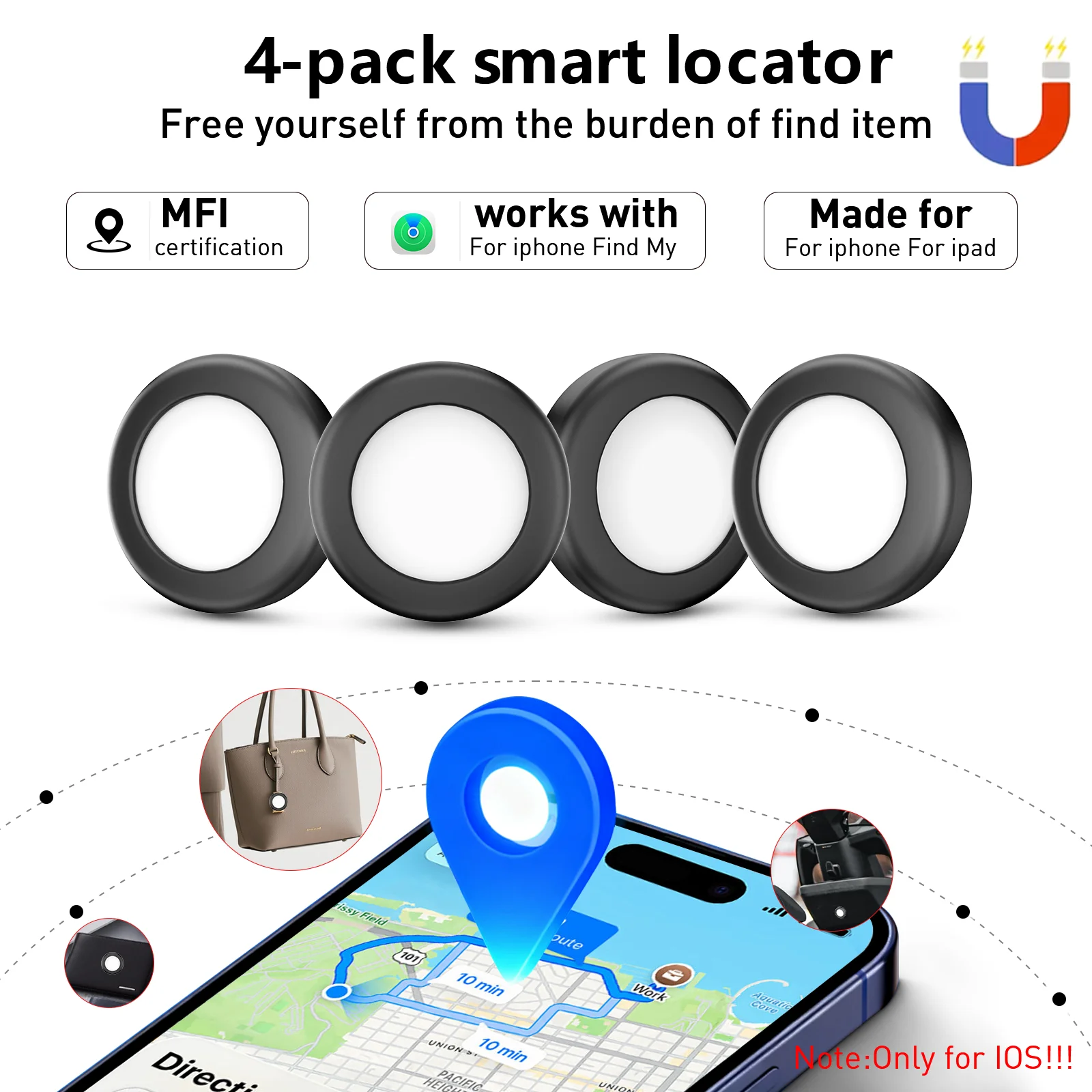 1/2/4-Pack IOS GPS Smart Tags for Apple Find My Tracker Kits with Strong Magnetic Suction Anti-Loss Silicone Shell for Car