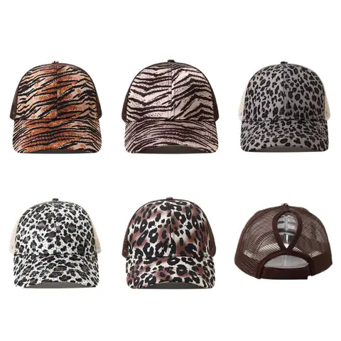 2025 New Summer Breathable Mesh Baseball Cap Snapback Hat Female Leopard Print High Ponytail Trucker Hats For Women Sunhat