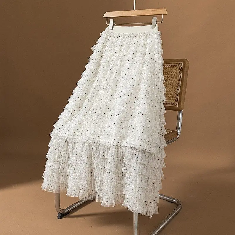 

Puffy Tulle A-Line Skirt Women's Autumn Winter New plus Size Slimming Fairy Tale Long Skirt Casual High Waist Polyester
