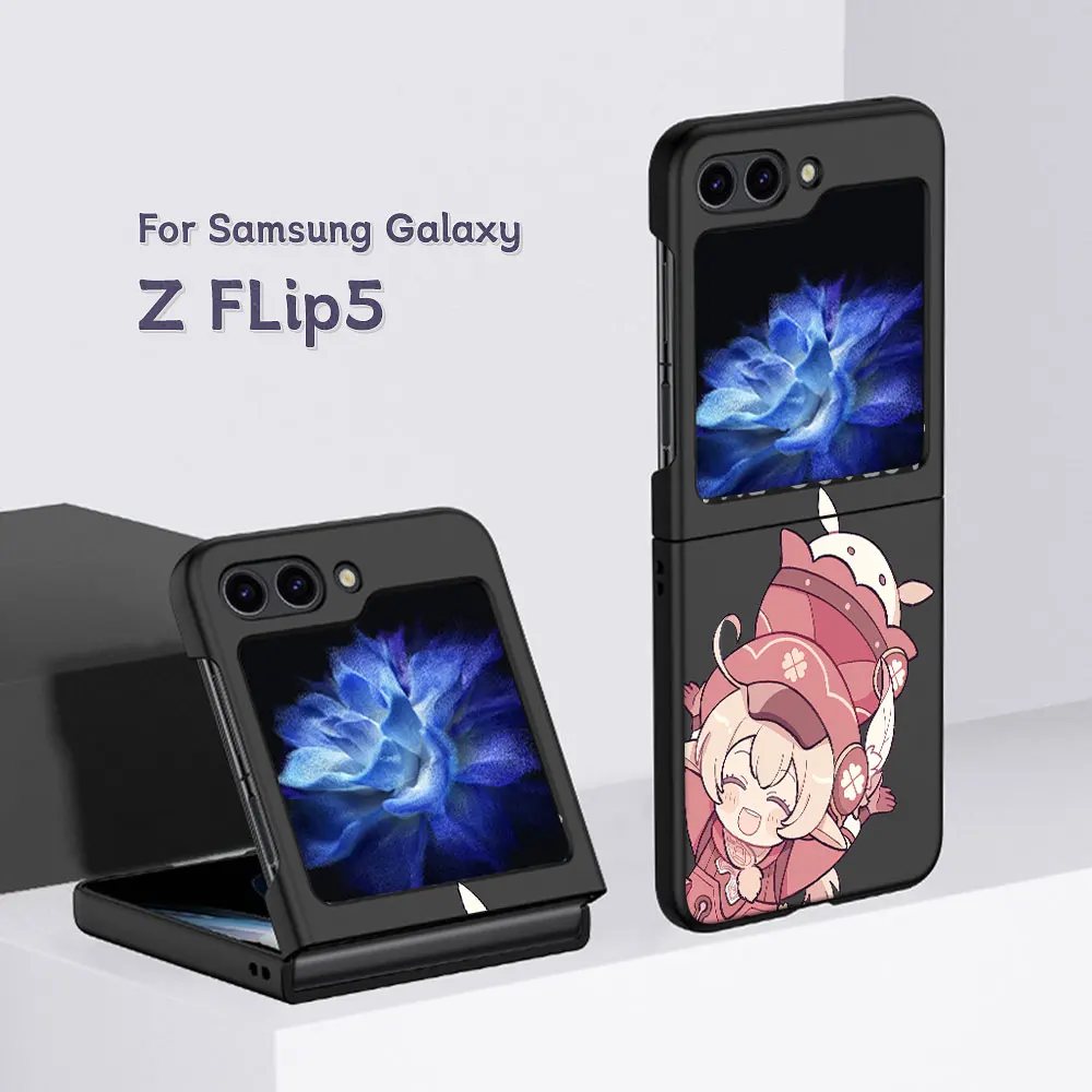 Funda de teléfono Genshin Impact para Samsung Galaxy Z Flip6 Flip5, carcasa de PC de dibujos animados, negra, Z Flip 6 5, Coque duro Zflip6 Zflip5