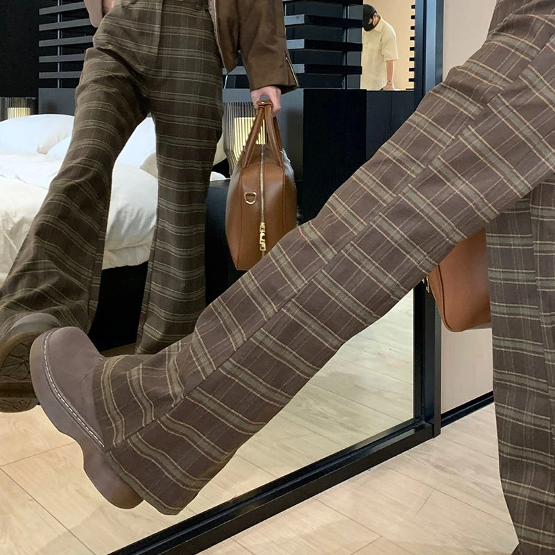 Plaid Pants Women Autumn High Waist Casual Vintage Flare Trousers Hotsweet Personality Fashion Soft Ulzzang Pantalones De Mujer