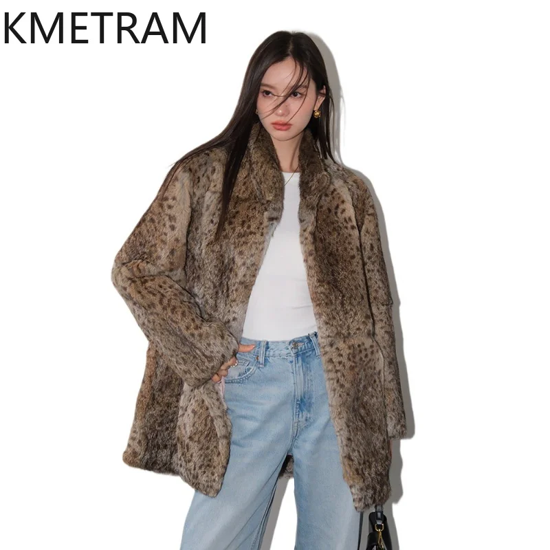 KMETRAM Real Rabbit Fur Jacket Women 2026 New Old Money Aesthetic Real Fur Coat Leopard-print Winter Jacket Women Пальто Женское