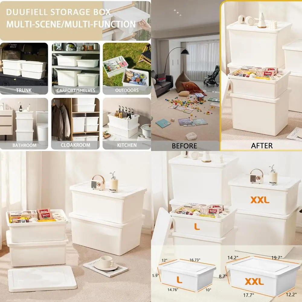 

Set of 4 White Stackable Storage Boxes with Lids, 6gal + 3gal, Multifunction for Home and Garage, Waterproof