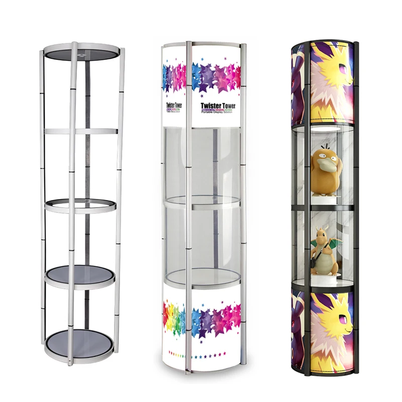 81.1in Portable Round Twist Display Counter with Shelves Top Light and Clear Magnetic Panels Quick Installation for Trade Show