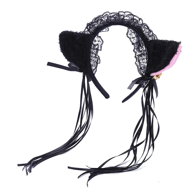 Sexy Cat Ears Headwear Women Girls Masquerade Halloween Cosplay Lace Cat Ear Anime Party Costume Bell Headband Hair Accessories