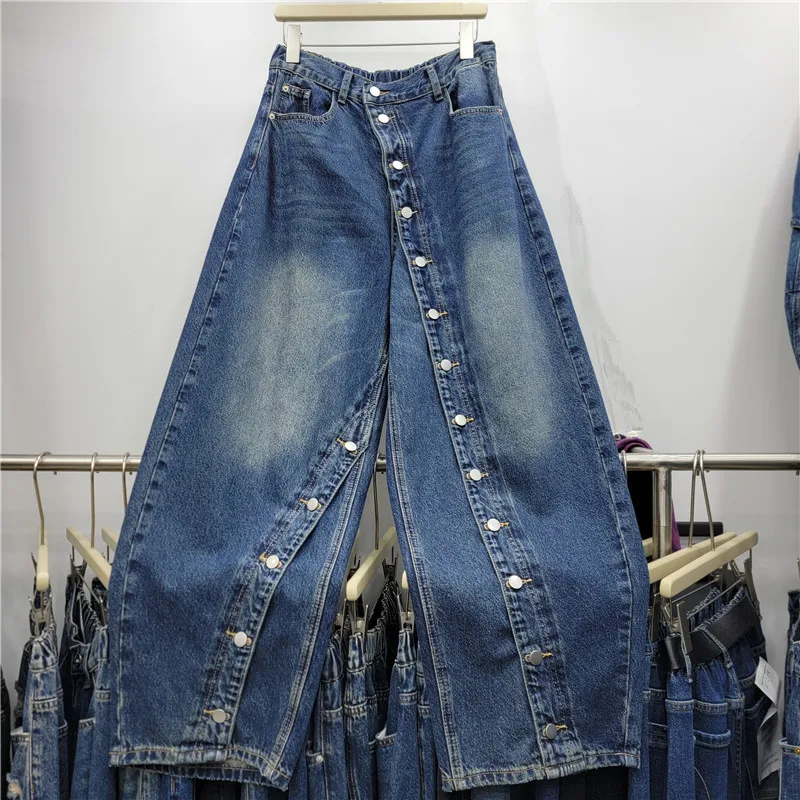 SuperAen American Style Design 2026 Autumn New High-Waisted Washed Double-Button Loose Denim Women Full Length Wide-leg Pants