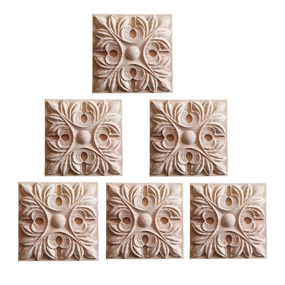 6 PCS Rubber Wood Onlay Appliques Carving Checkered Applique Unpainted Square Decal for Home Furniture Decoration