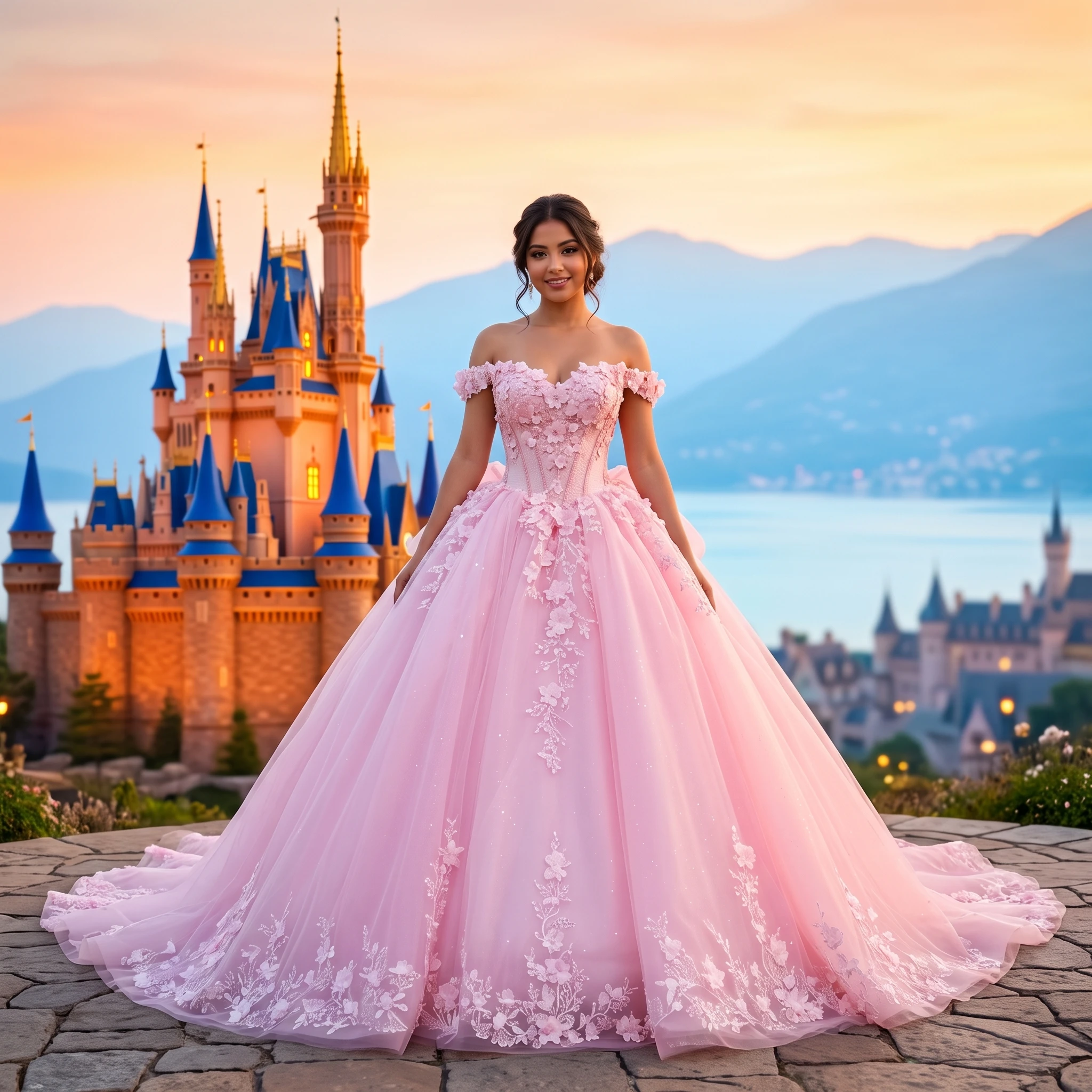Customized girl party dress Lace Organza Mesh Floor-Length Off the Shoulder Boat Neck princess dress vestidos de 15 quinceañeras