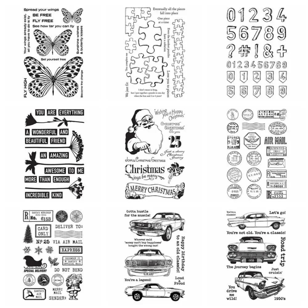 Sellos transparentes de coche Vintage, rompecabezas de números, código postal, sello de palabras cálidas sin moscas para álbum de recortes DIY, manualidades de tarjetas de regalo de papel de Navidad