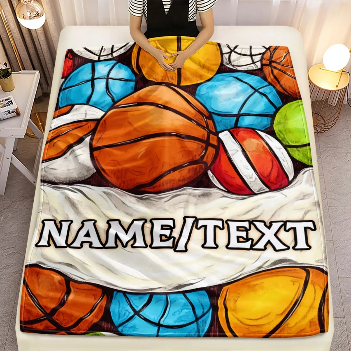 Custom Colorful Basketball Fleece Blanket Personalized Name Sports Print Throw Soft Cozy All Season Bedding Gift for Fans