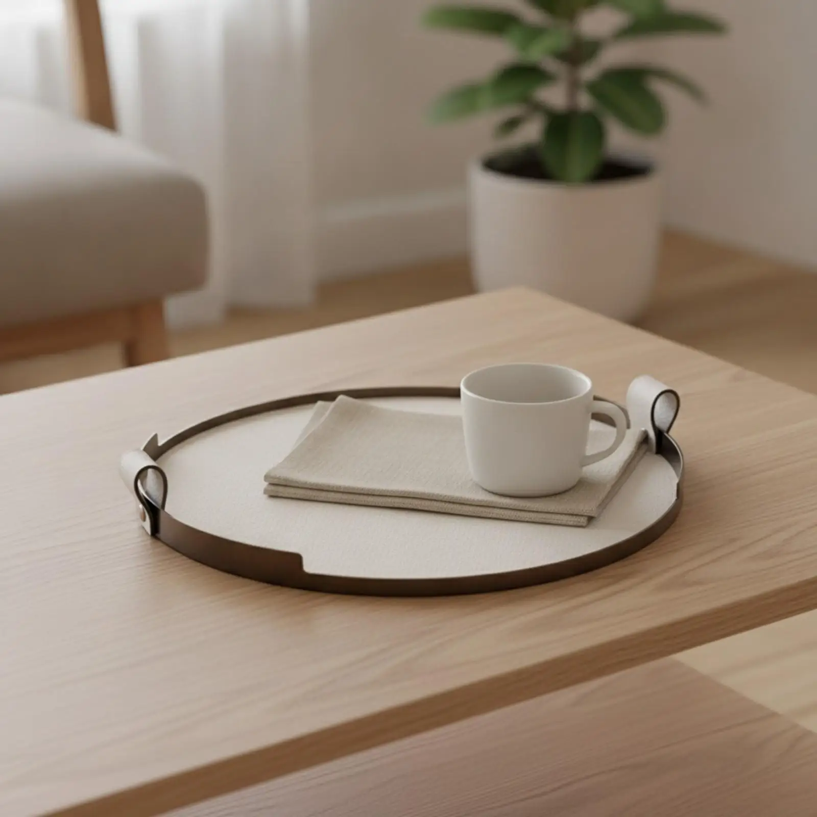 Elegant Round Tray with Metal Rim | Shallow Low-Profile Design, Leather Tray with Side Grips, for Coffee Table