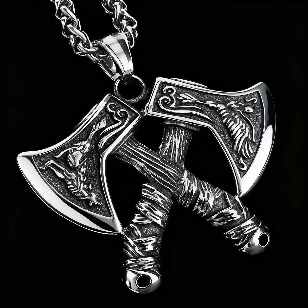 

HNSP 316L Stainless Steel Viking Warrior Double Axe Pendant Necklace For Men Vintage Jewelry Accessory