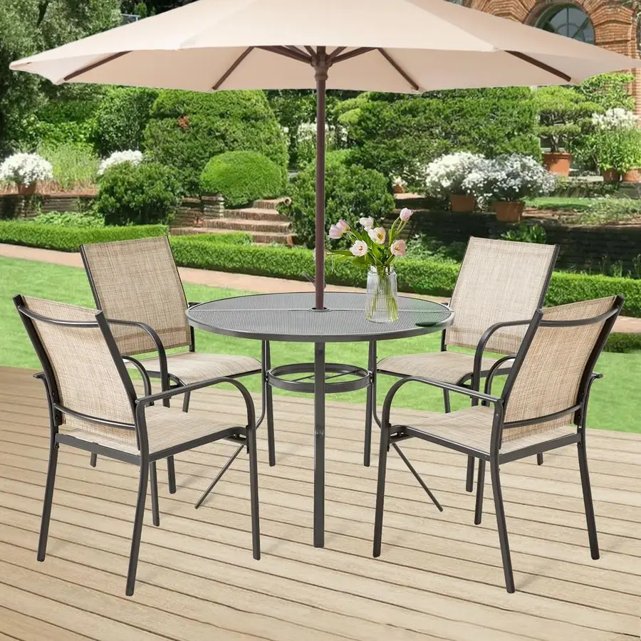 5 Piece Patio Table and Chair Set for 4, Outdoor Dining Set Includes 37.25 Round Table with 1.73 Umbrella Hole and 4 Stackable