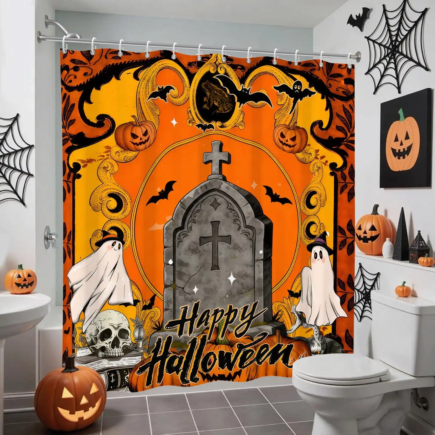 Happy Halloween Shower Curtain Gothic Ghost and Grave Tombstone Fabric Bathroom Curtain for Bathroom Decor 72x72 in