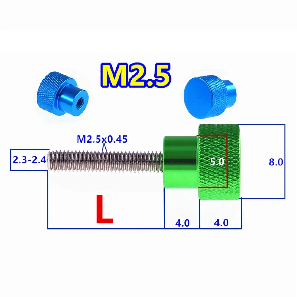 20pcs Aluminum Thumb Screw M2.5 Aluminum Knurled Head staniless steel thread Hand tighten Thumb Screws Thread Length=3-40mm