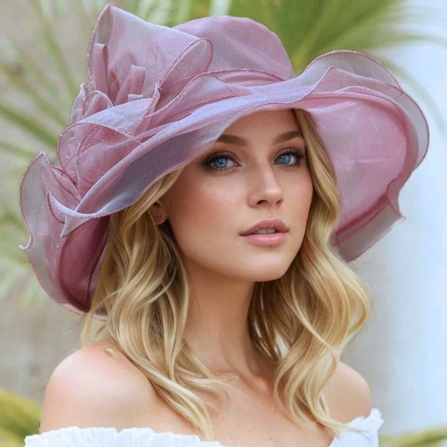 Elegant Women's Sun Hat With Floral Sheer Veil, Wavy Brim, Wide Brim Summer Outdoor Hat
