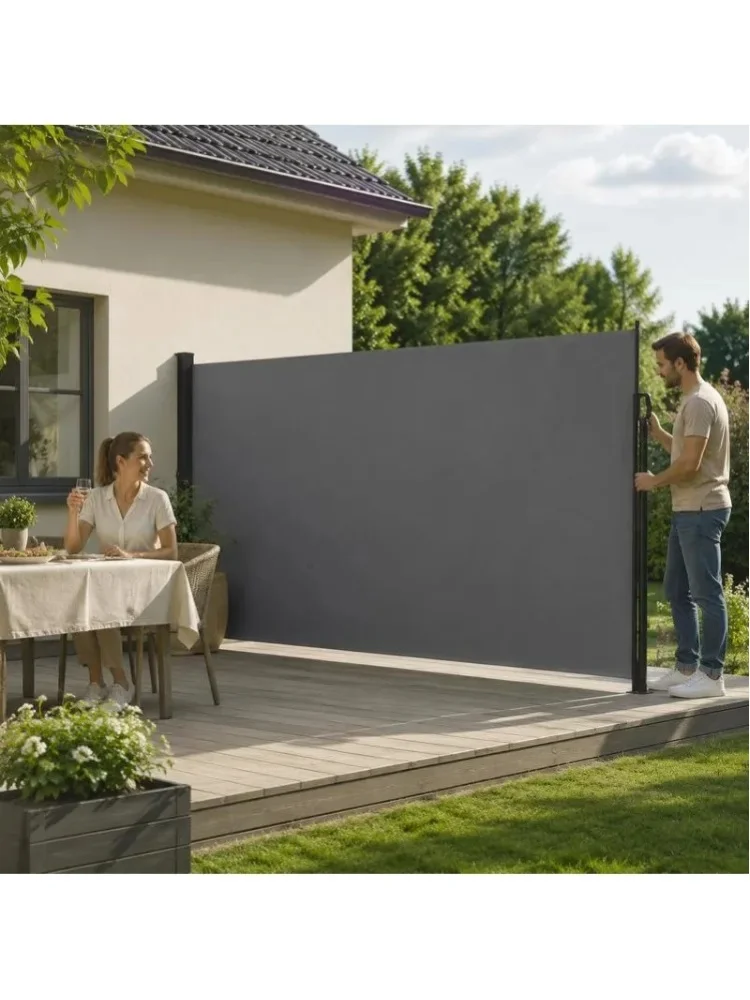 Einziehbare Seitenmarkise 220 x 600 cm aus Polyester mit PU-Beschichtung, Anthrazitfarben, einfache Installation, Lieferung ab Lager vor Ort.