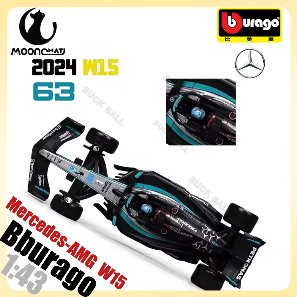 Bburago 1:43 Mercedes-AMG W15 Petronas F1 2024 #63 George Russell #44 Lewis Hamilton Formula One With Helmet Acrylic Box Toy