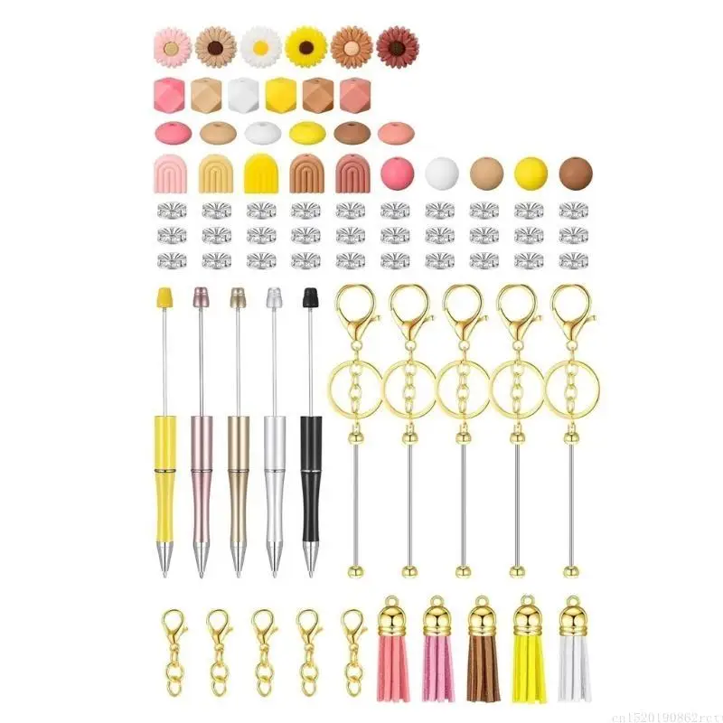 D5BB 78Pcs DIY Beads Ballpoint Pen Set, Including Beads, Keychain Clip, and Colorful Tassels for Kid Adult Christmas Gift