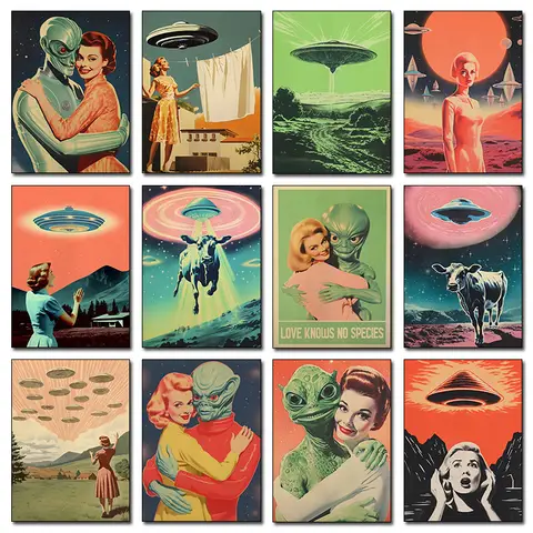 Ufo disco voador alienígena bebida café arte impressão cartaz vaca abdução impressão em tela retro ficção científica arte da parede engraçado decoração de casa