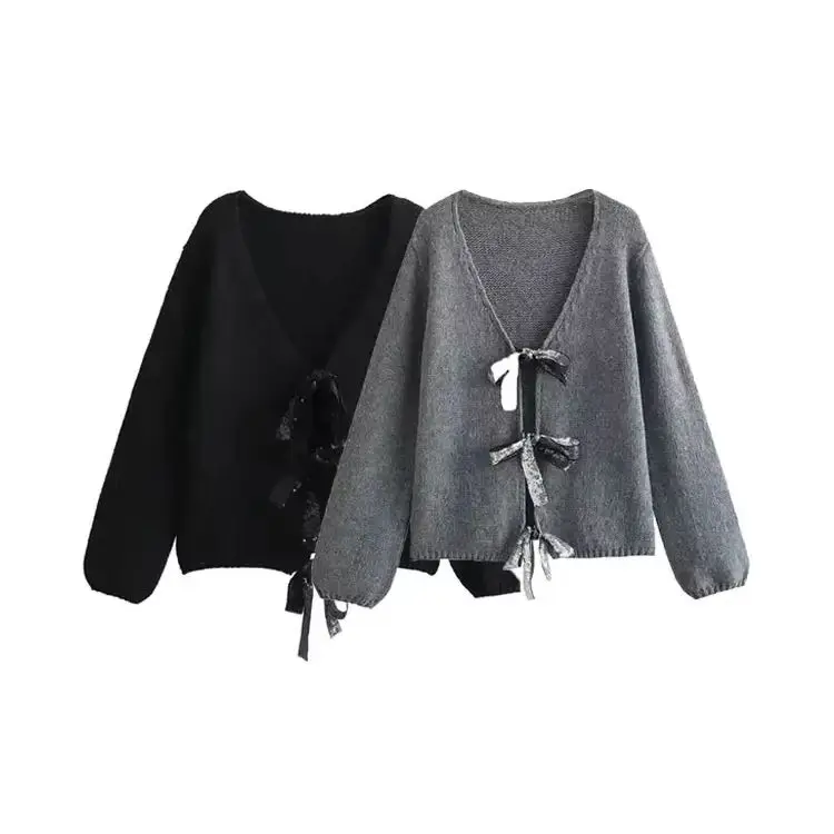 女性用スパンコールVネックカーディガン,長袖セーター,蝶ネクタイ付き,女性用アウター,シックなトップス,ファッション